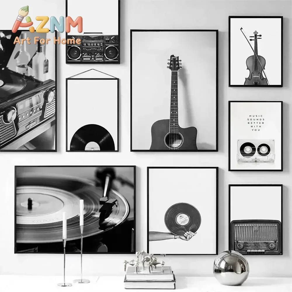 AZNM Black White Retro Music Instrument Vinyl Record Canvas Poster Unframed Wall Art Print Guitar Violin Home Decor