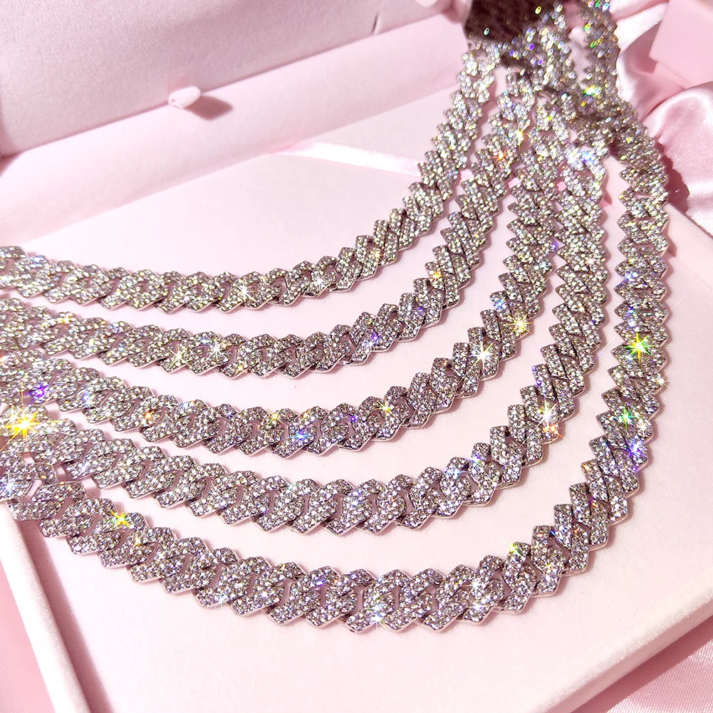 14MM Silver Color Prong Miami Cuban Link Chain Necklace For Women Hip Hop Iced Out Square Cuban Link Choker Wedding Jewelry Gift