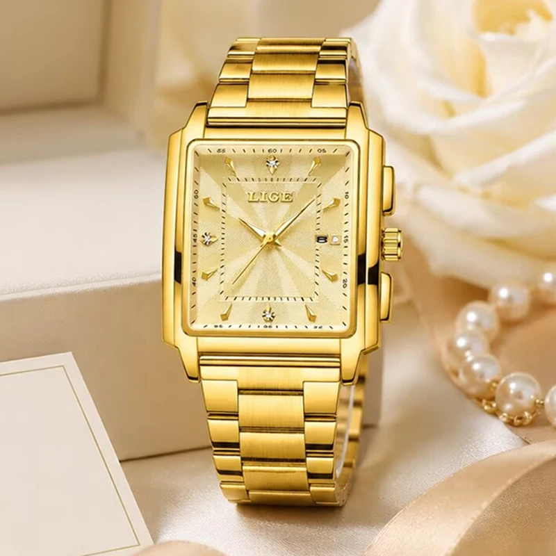LIGE Women's Waterproof Watch Creative Gold Steel Square Bracelet Wristwatch Ladies Watches Casual Business Quartz Watch Women