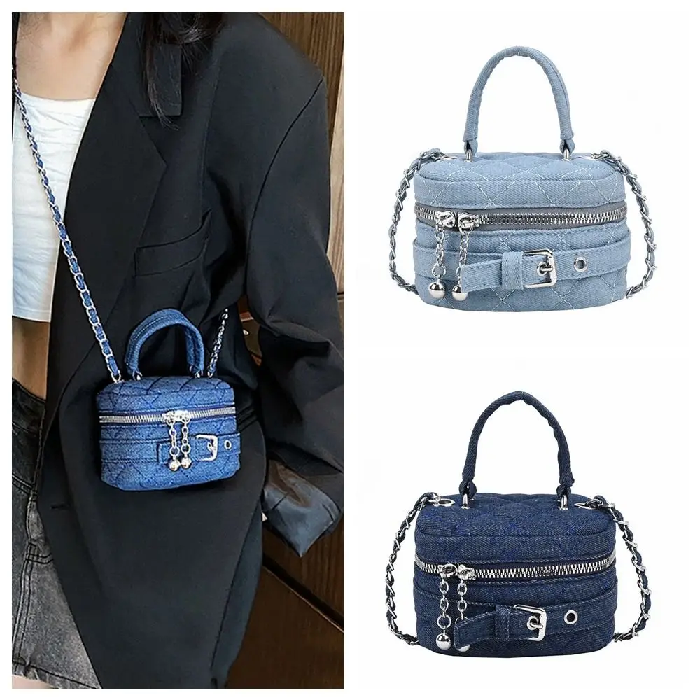 Small Lingge Denim Bucket Bag Casual Chain Crossbody Bag Denim Crossbody Bag Lipstick Bag Coins Purses Lingge Shoulder Bag Girl