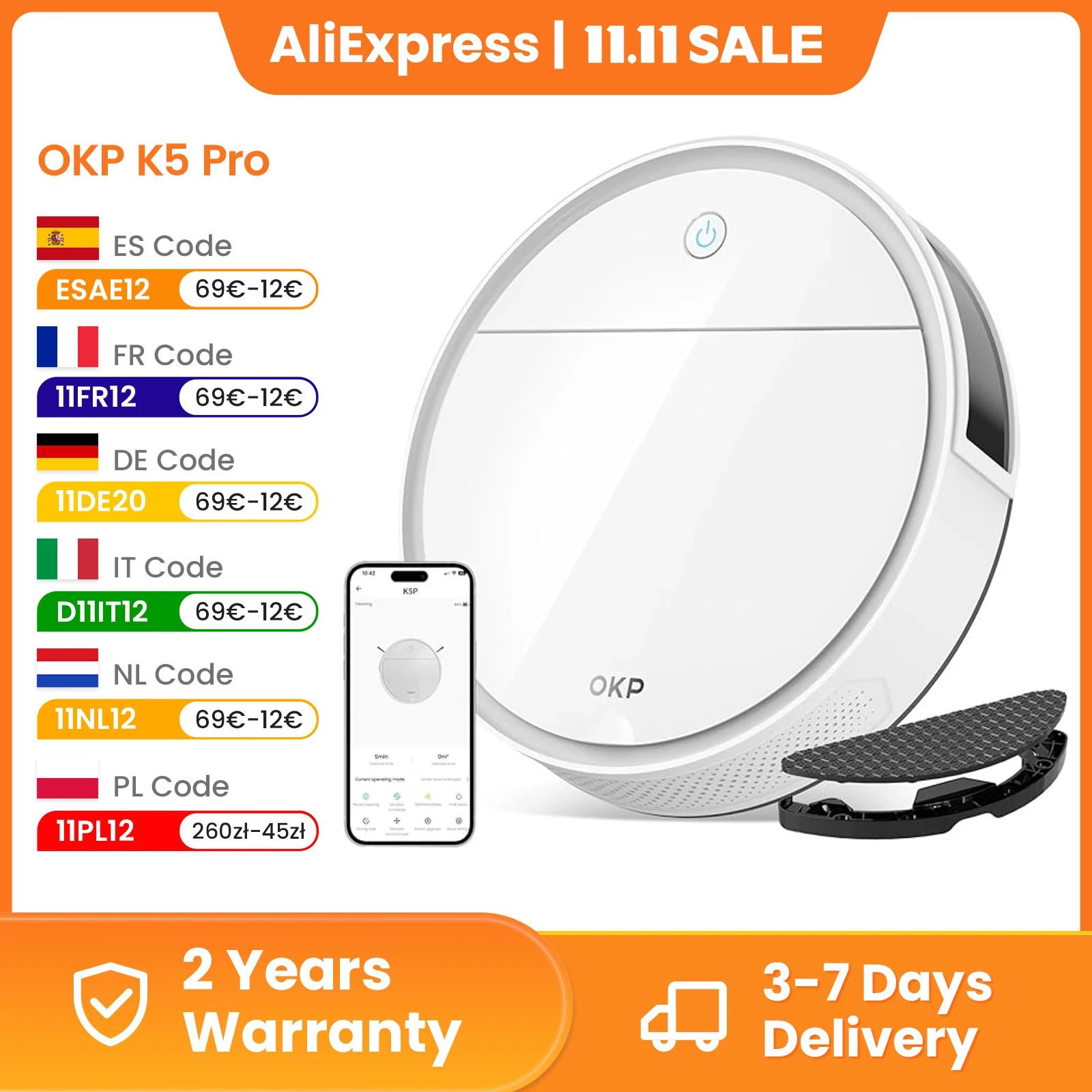 Робот-пылесос OKP K5P, 5000 Па, 180 минут, Wi-Fi/приложение, самозарядка, идеально подходит для твердых полов, шерсти животных, ковров