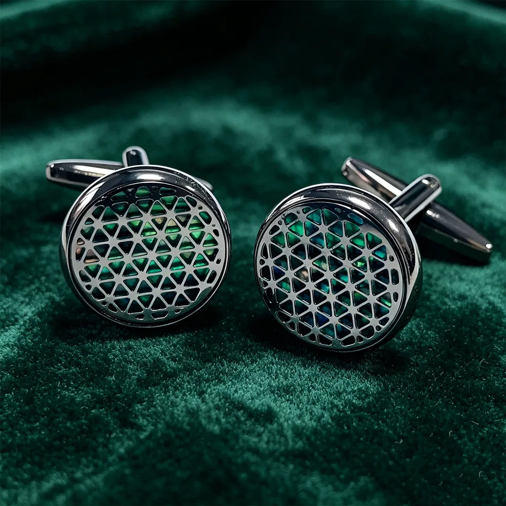 Men Round Hollow Geometric Green Zircon Cufflinks Silver Alloy French Shirt Cuff Buttons Business Wedding Suit Jewelry Gift