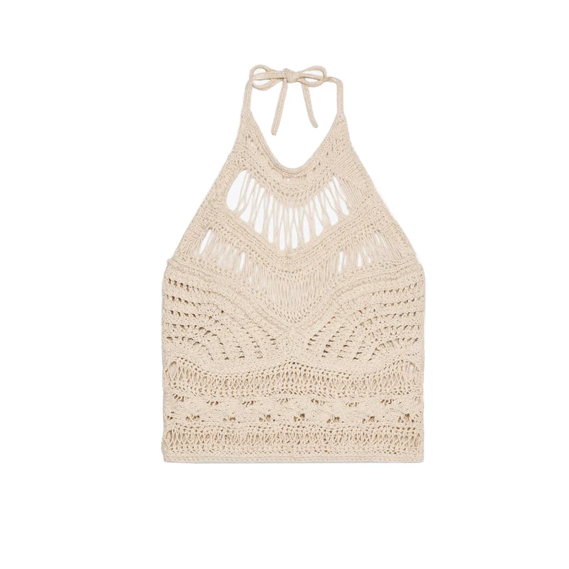 夏の女性のニットショートトップネクタイデザイン中空吊り襟バックレスカジュアルトップポリエステル繊維 00%