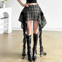 Vintage Fashion Women's Irregular Plaid Ribbon Design Skirts 2024 Summer Trendy High Waist A-line Mini Skirt Female