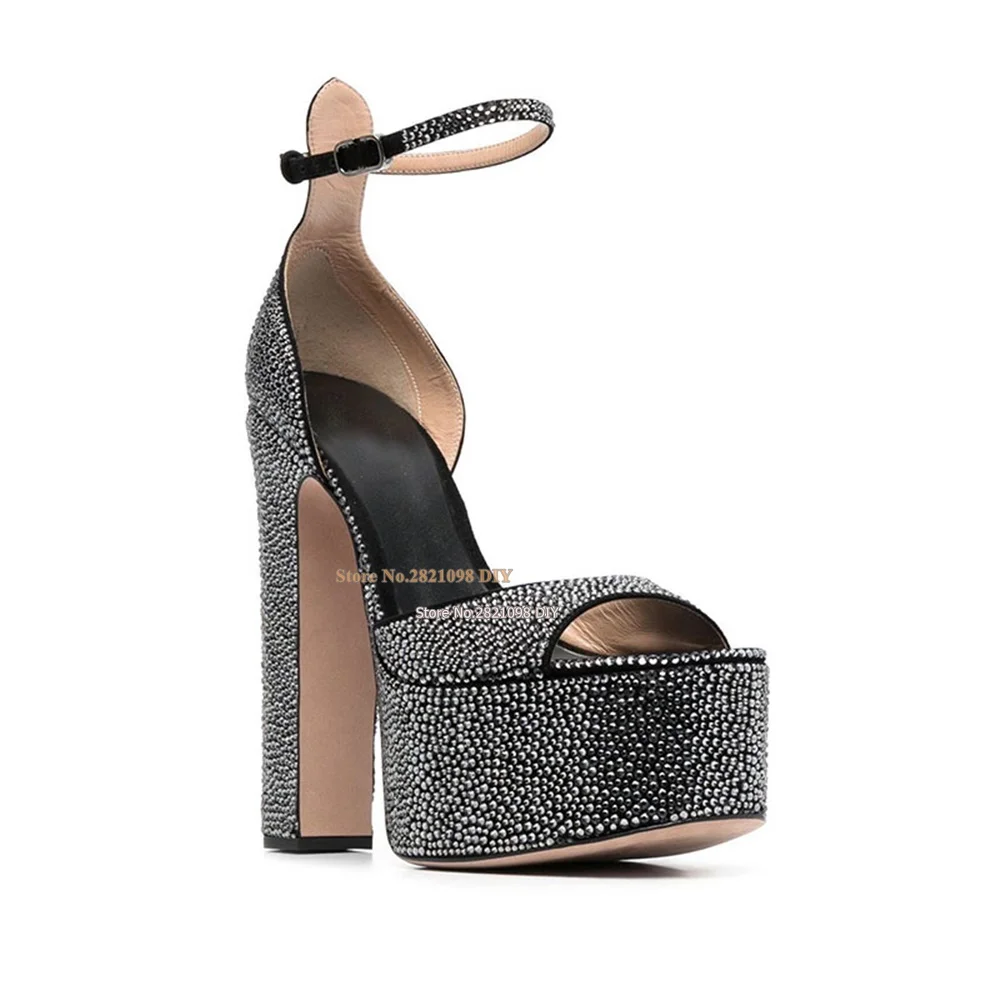 

Black Crystal Waterproof Sandals Women's Ssummer Shoes Square Head Open Toe Platform Super High Thick High Heel Sanda