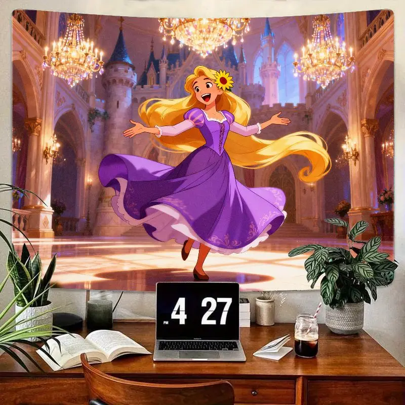 

1 шт., гобелен с длинными волосами принцессы Диснея Рапунцель, фиолетовый замок, настенный декор, эстетическая комната, художественный сказочный подарок для девочек, детская спальня
