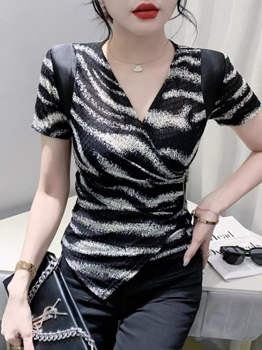 Zebra Pattern T-shirt For Women's Summer Cross V-neck Patched Short Sleeves Zipper Fashion Folds T shirts Slim Irregular Top