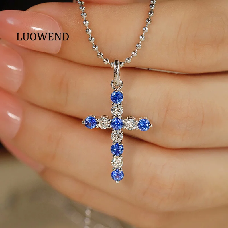 LUOWEND 18K White Gold Necklace Luxury Shiny Cross Pendant Natural Diamond Natural Sapphire Necklace for Women Party Jewelry