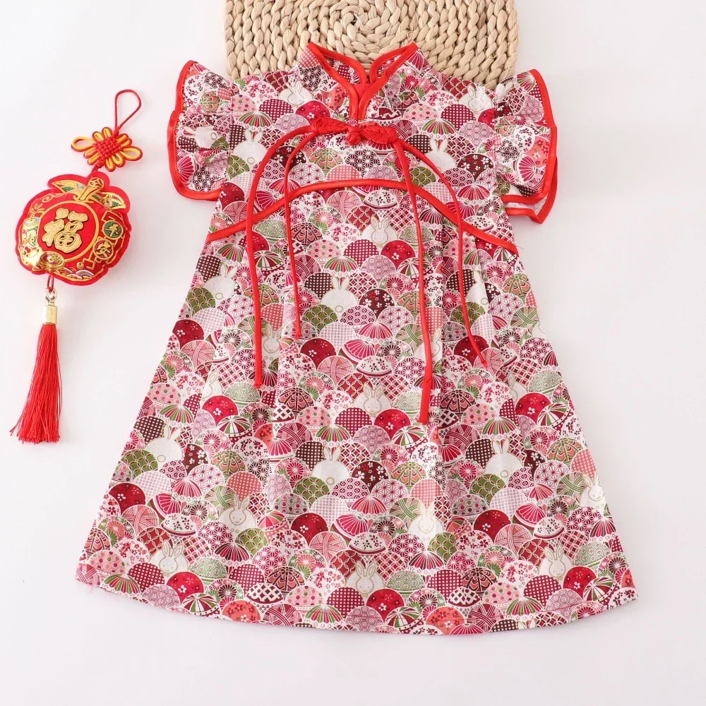 Fashion Casual Girls Dresses Perform Outfit Summer Kids Cheongsams Costume Red Baby Qipao Chinese Girl Clothes Dress Vestidos