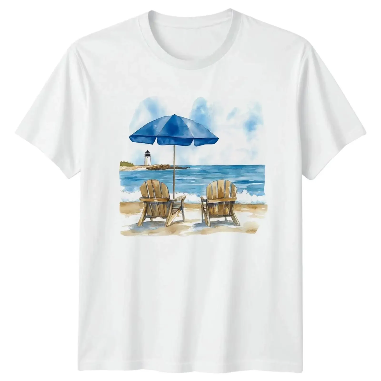 Strand Leuchtturm Stühle Meer Herren T Shirt Damen Grafik Top Bild 1 von 4 vintage Washed Unisex fashion graphic Stylish