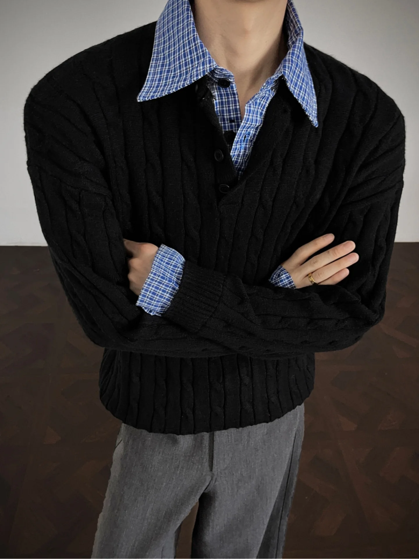 

American Retro Twist Knit Sweater Collar Men's Autumn Winter Outerwear Soft Comfortable Loose Fit Faionable Casual Wear