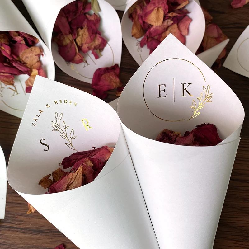 20Pcs DIY Personalized Wedding Cones,16x16cm Gold Foil Cone, Custom Name Date Confetti Toss Cones for Bridal Shower Party Favor