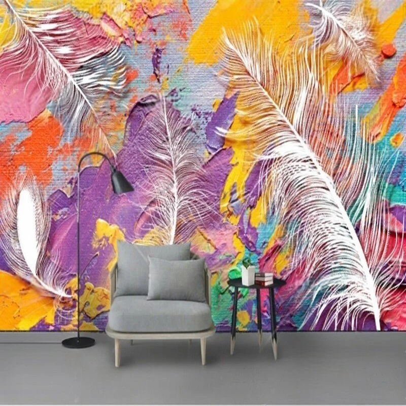Simple modern art oil watercolor feather TV luxurious home decoration bedroom background wall