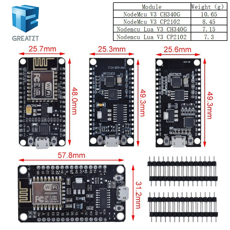 GREATZT Wireless Module CH340/CP2102/CH9102X NodeMcu V3 V2 Lua WIFI Internet of Things Development Board Based ESP8266 ESP-12E