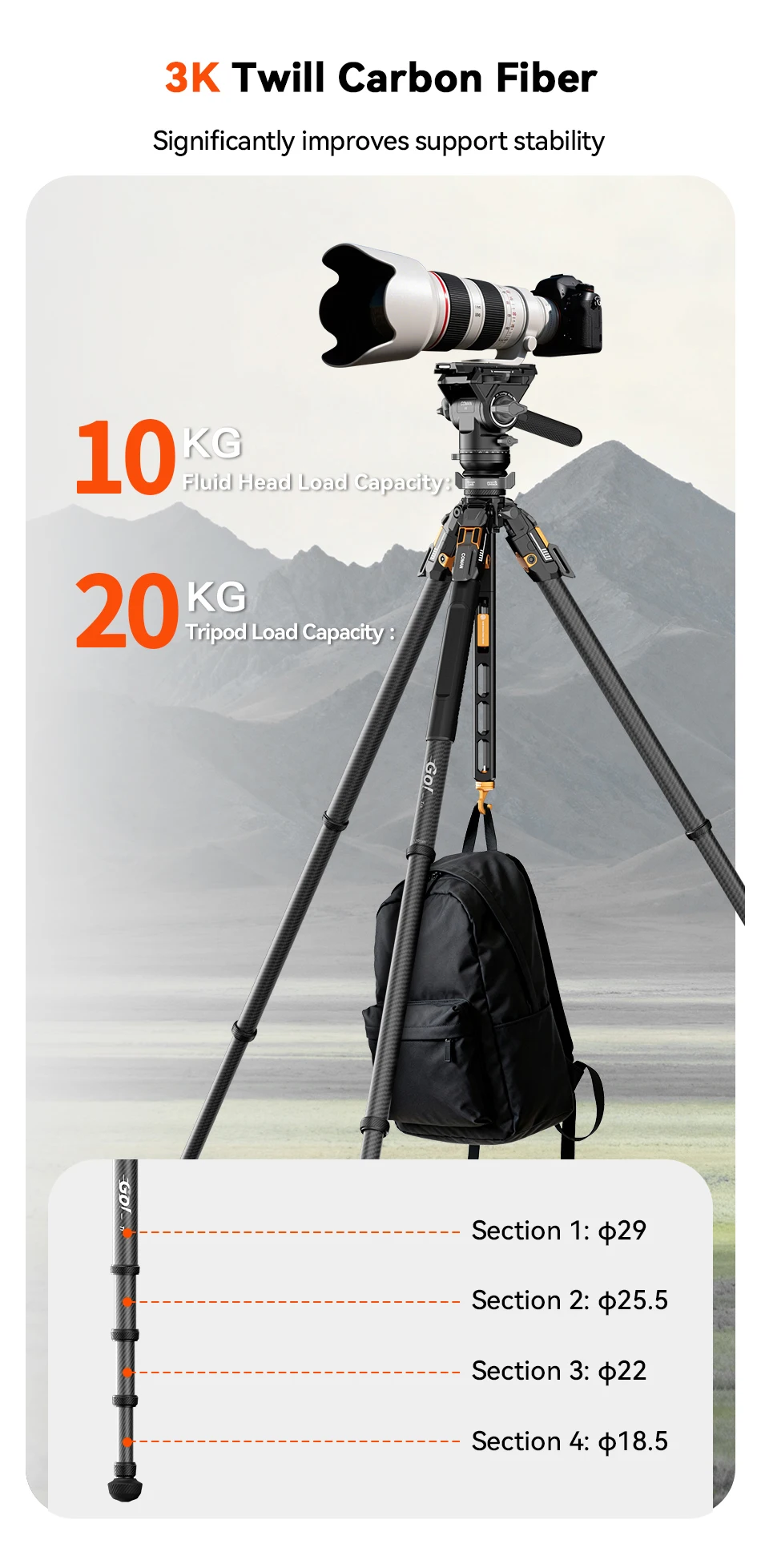 COMAN T1 T1S V5 Reise-Karbonfaser-Stativ mit Ein-Klick-Schnellverschluss und Panorama-Gimbal-Videokopf für DSLR-Kamera Manfrotto DJ – Detail 9
