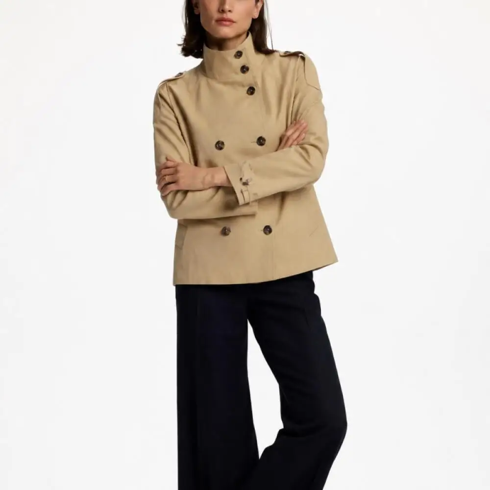 CH Damen Maßgeschneiderter Zweireihiger Stehkragen-Trenchcoat mit Schulterriemen und Manschetten-Schnallen für Business und Pendeln – Detail 5