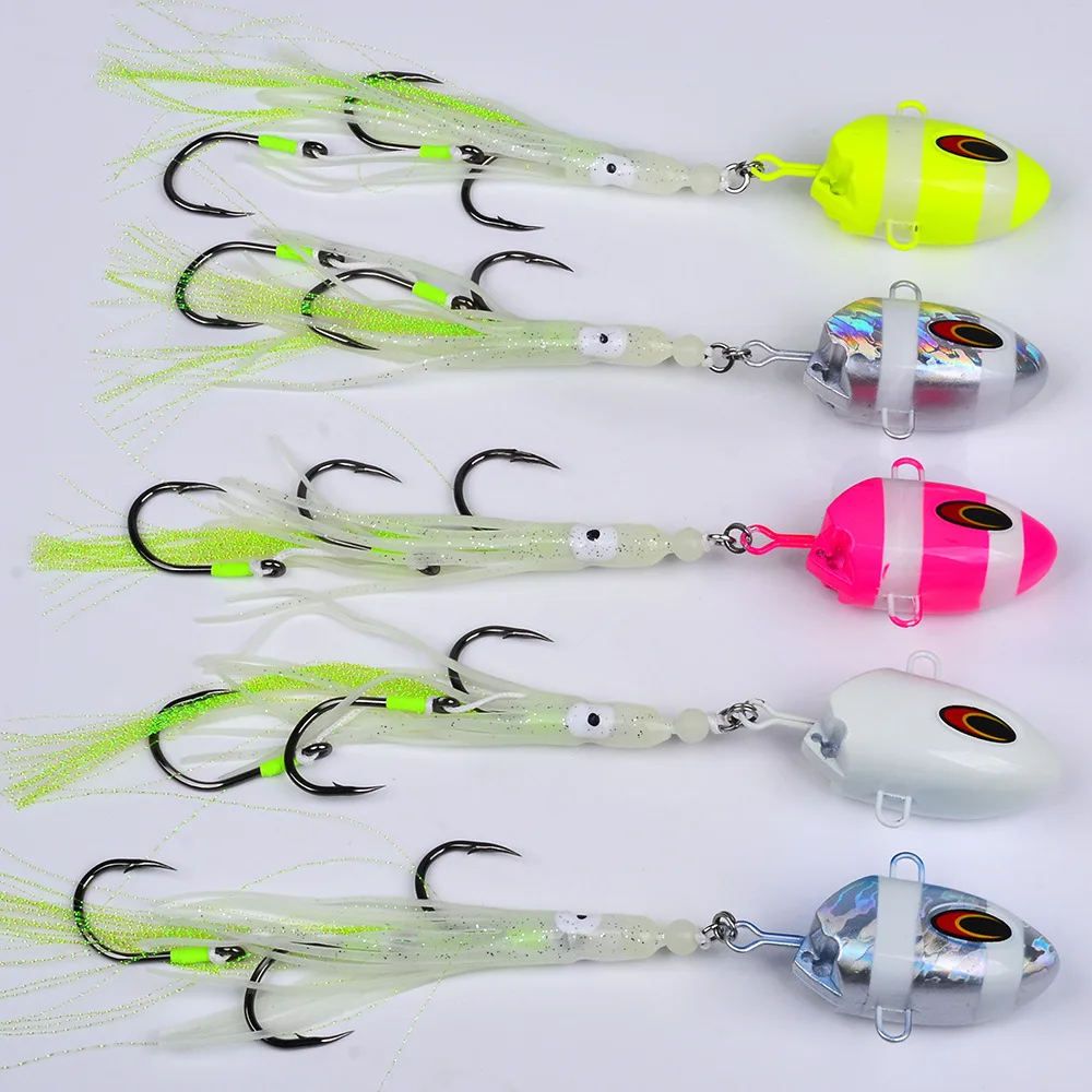 1pc Luminous Bait 100g Slow-Shaking Squid Metal Head Skirt Bait For Deep Sea Saltwater Boat Fishing Tuna Grouper Fishing Bait view 5