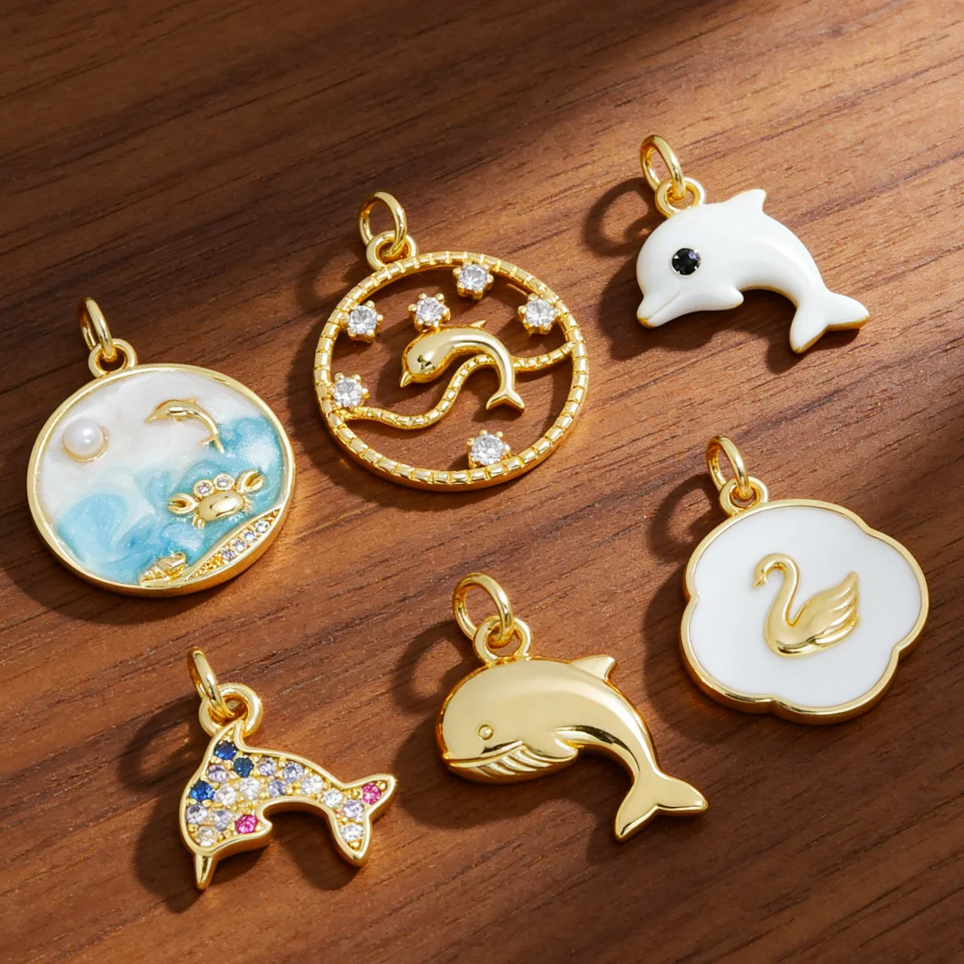 

12Pcs Pendants Brass Zircon Enamel Dolphin Ocean Theme Charms Round Hollow for DIY Jewelry Making Necklace Bracelet Accessories