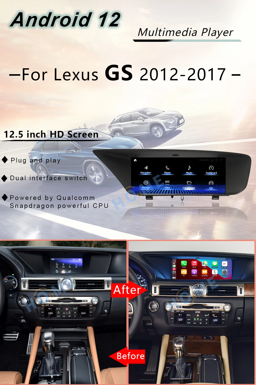 GPS Navigation 12.5 Inch Qualcomm Android 12 Car Radio Multimedia CarPlay AutoRadio For Lexus GS 200 250 300 350 450 2012 - 2017