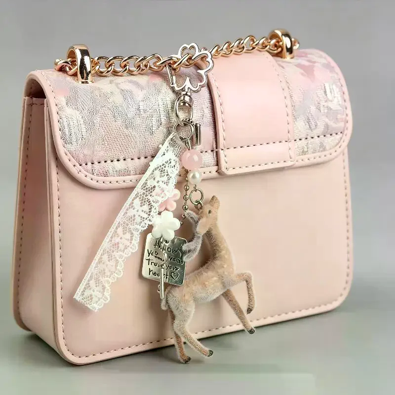 Cute Flocked Deer Keychain Creative Pearl Beads Inspirational Tag Pendant for Backpack Car Key Party Favor Gift