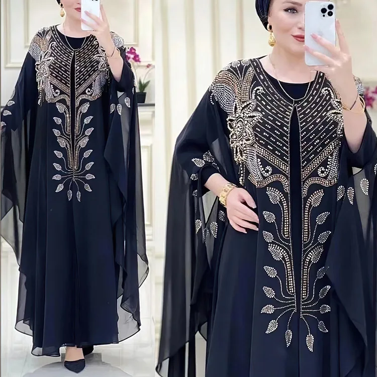 rican Heavy Work Perlen Chiffon Dr. Lange muslimische Damenbekleidung V-Ne Lose Taille Langes Sve bodenlanges Kleid