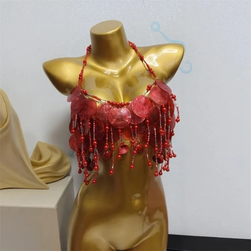 

2026 New Handmade Bead Chest Chain Bra Women Chic Shell Crystal Sexy Suspender Swim Top Music Festival Party Vacation Beach Wear