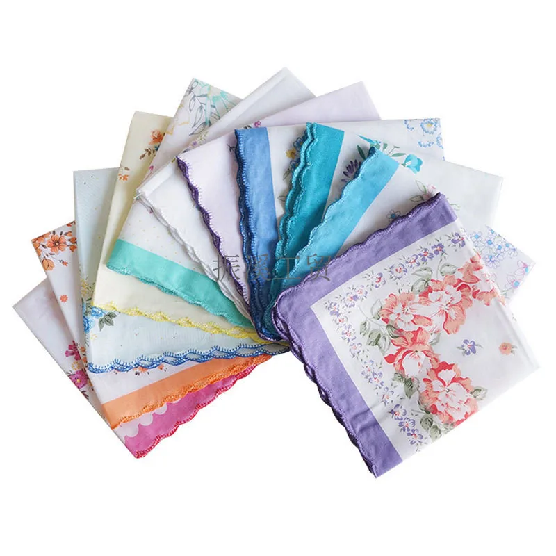 3Pcs 30x30cm Classic Flower Printed Cotton Women Hankies Lace Hanky Ladies Scarf Pocket Hankerchief