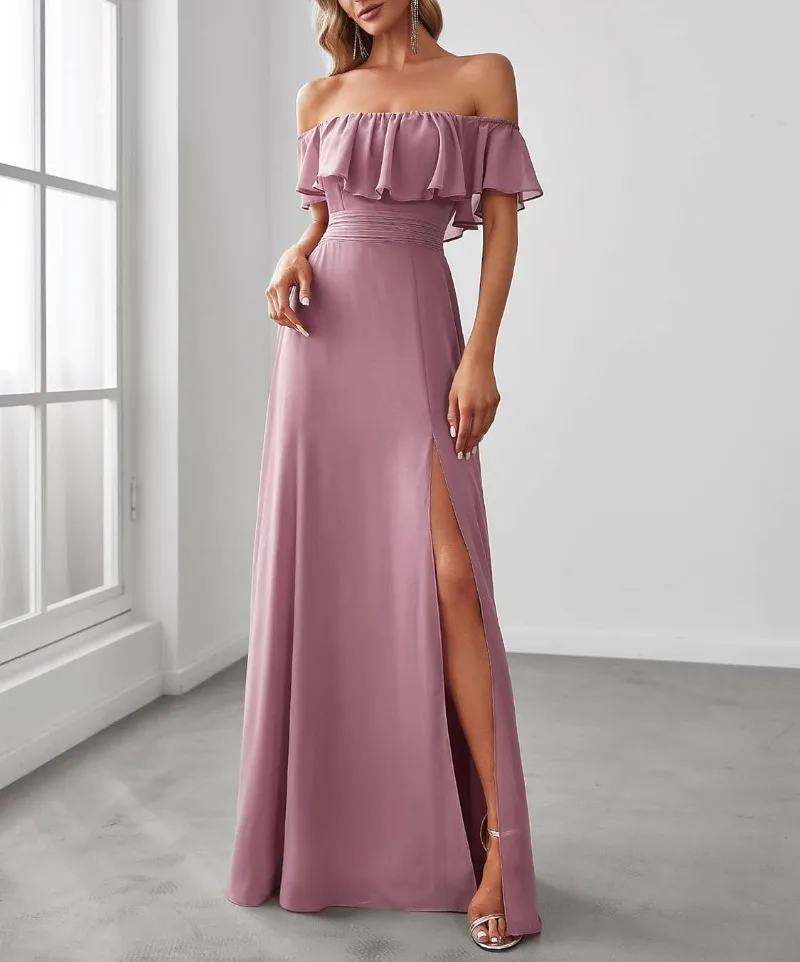 

2024 New Boat Neck Chiffon Formal Evening Dress Elegant Ruffles Prom Party Dresses Spring Summer Bridesmaid Gown Vestidos Noche