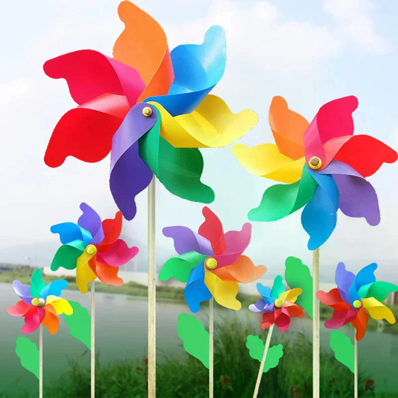 /GJ/1 Piece 14/18/24/32CM Wooden Pole Seven Leaf Colorful DIY Windmill Garden Yard Party Outdoor Wind Spinner Ornament Kids Toy
