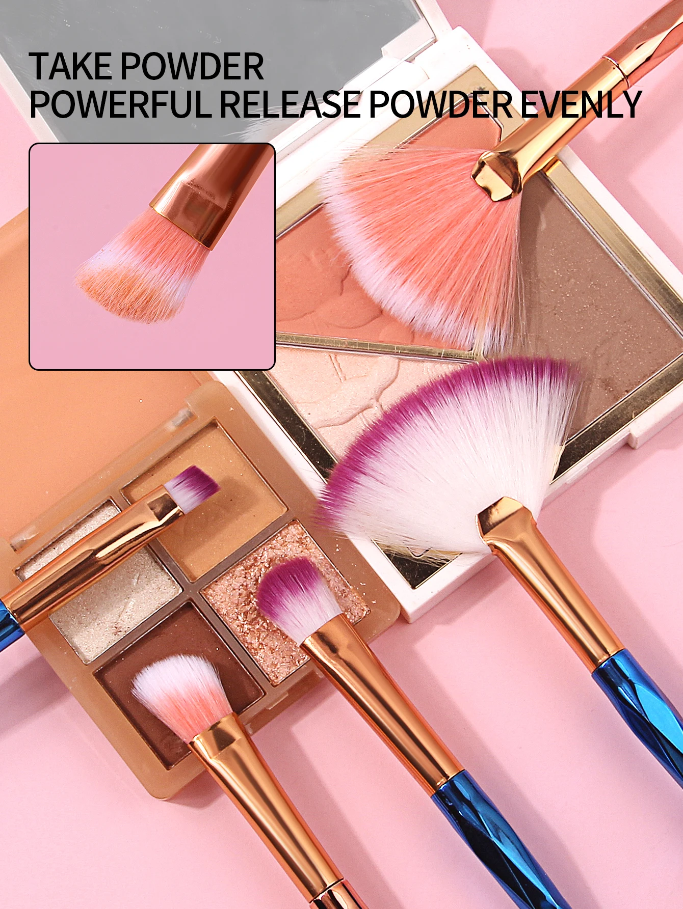 แปรงทรงพัดด้ามจับสีสันสดใส 8 ชิ้น, แปรงปัดแก้ม, แปรงคอนทัวร์, แปรงอายแชโดว์, ชุดแปรงแต่งหน้าอเนกประสงค์