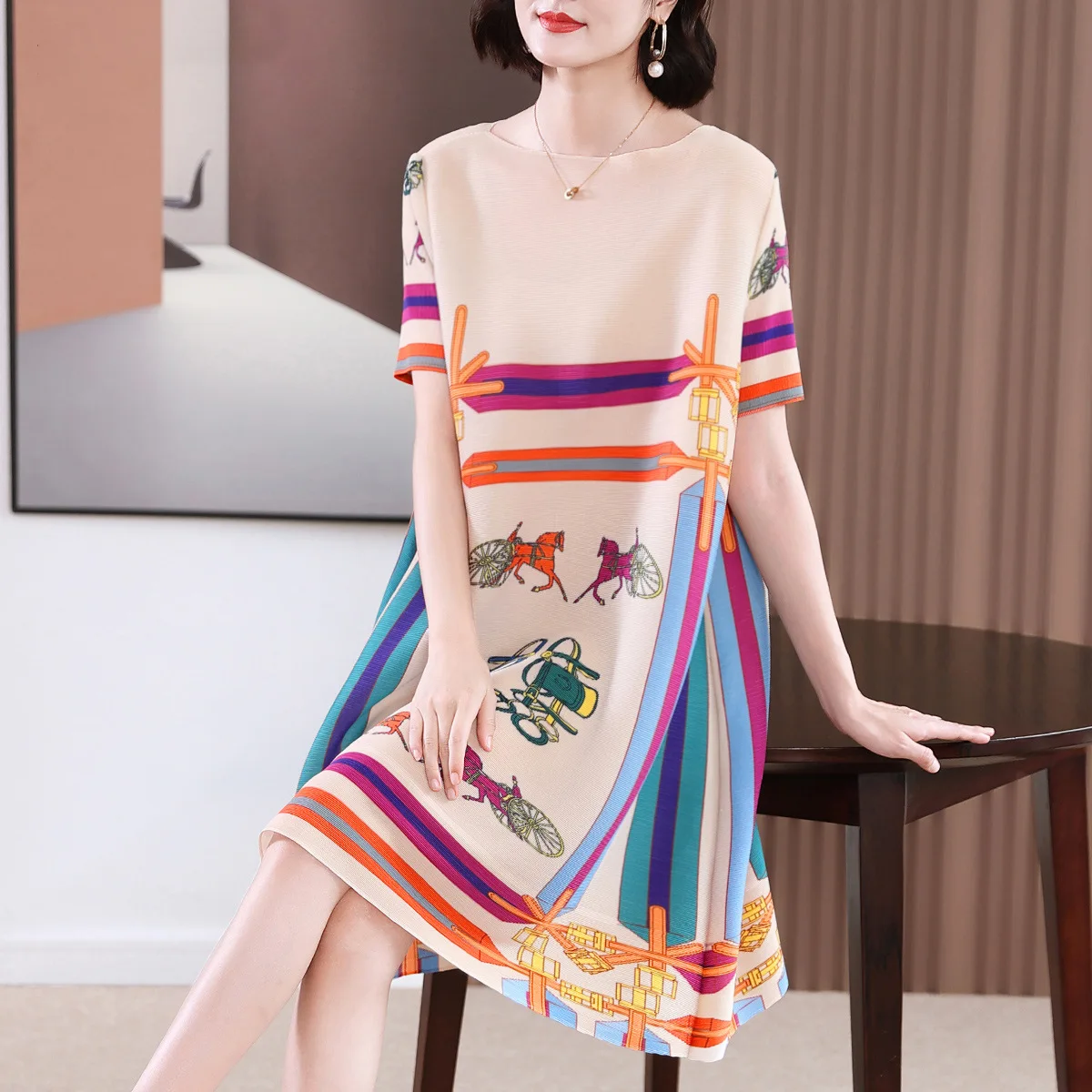 Miyake Women Print Pleated A Line O Neck Dress Long Versatile Loose Casual Spring Summer 2023 New Full Sleeve Fashion Chic Dress