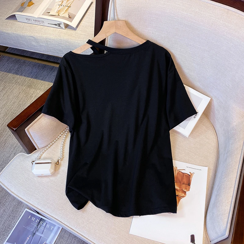 XL-4XL Large Size Chain Split Chic T-shirt Women Summer Korean Short-sleeve Hollow Out Round Neck Tees Tops Oversize Clothing