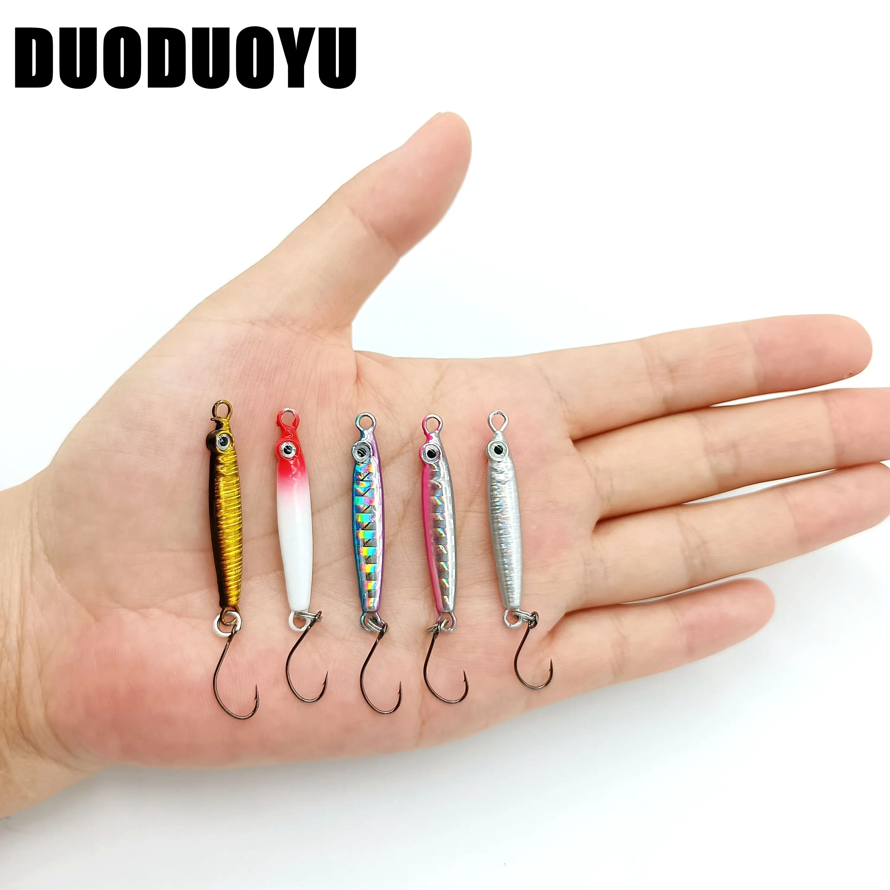 DUODUOYU 5 sztuk Mini metalowy Jig przynęta wędkarska 3g/5g Isca sztuczna przynęta z pojedynczym haczykiem małe akcesoria wędkarskie dla ryb