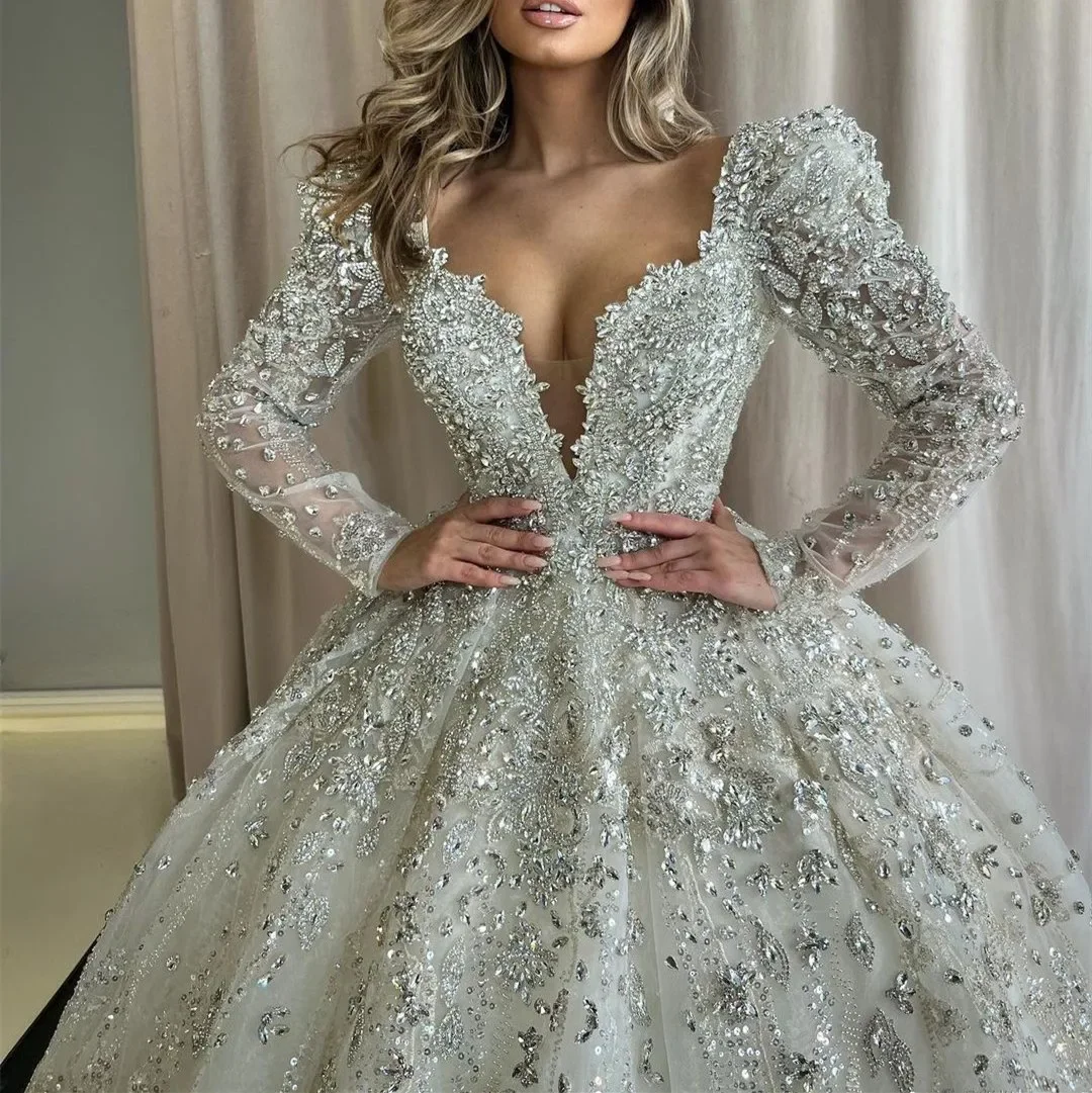 Luxurious Crystal Wedding Dresses Beaded Bride Ball Gown Sequins Princess Bridal Dress Long Sleeves Customized Vestidos De Novia