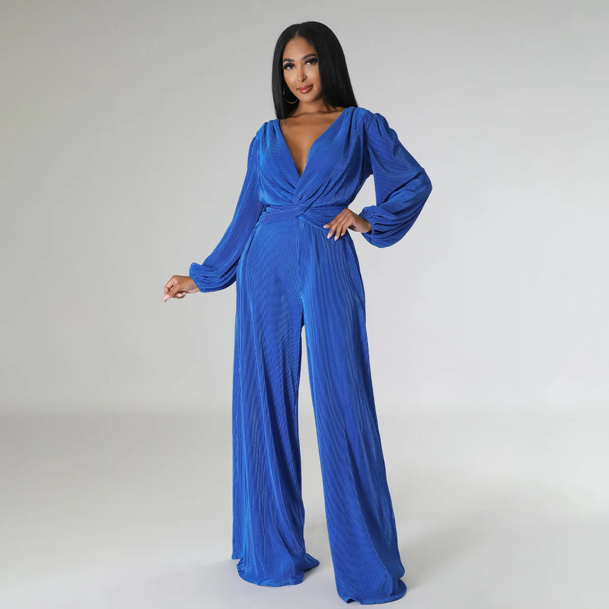 Pleated Jumpsuit Long Sleeve V-neck Romper High Waist Wide-leg Pants Summer Outfits for Women 2023 High Quality One Pieces