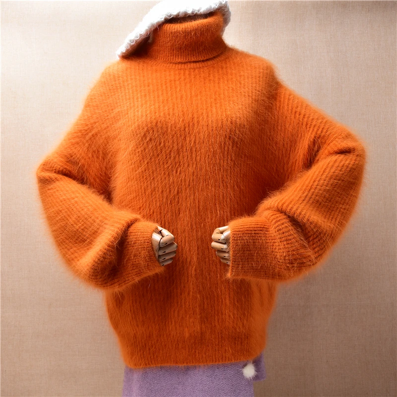 

Female Women Fall Winter Thick Warm Hairy Striped Angora Rabbit Hair Knitted Turtleneck Long Sleeves Loose Pullover Sweater Pull