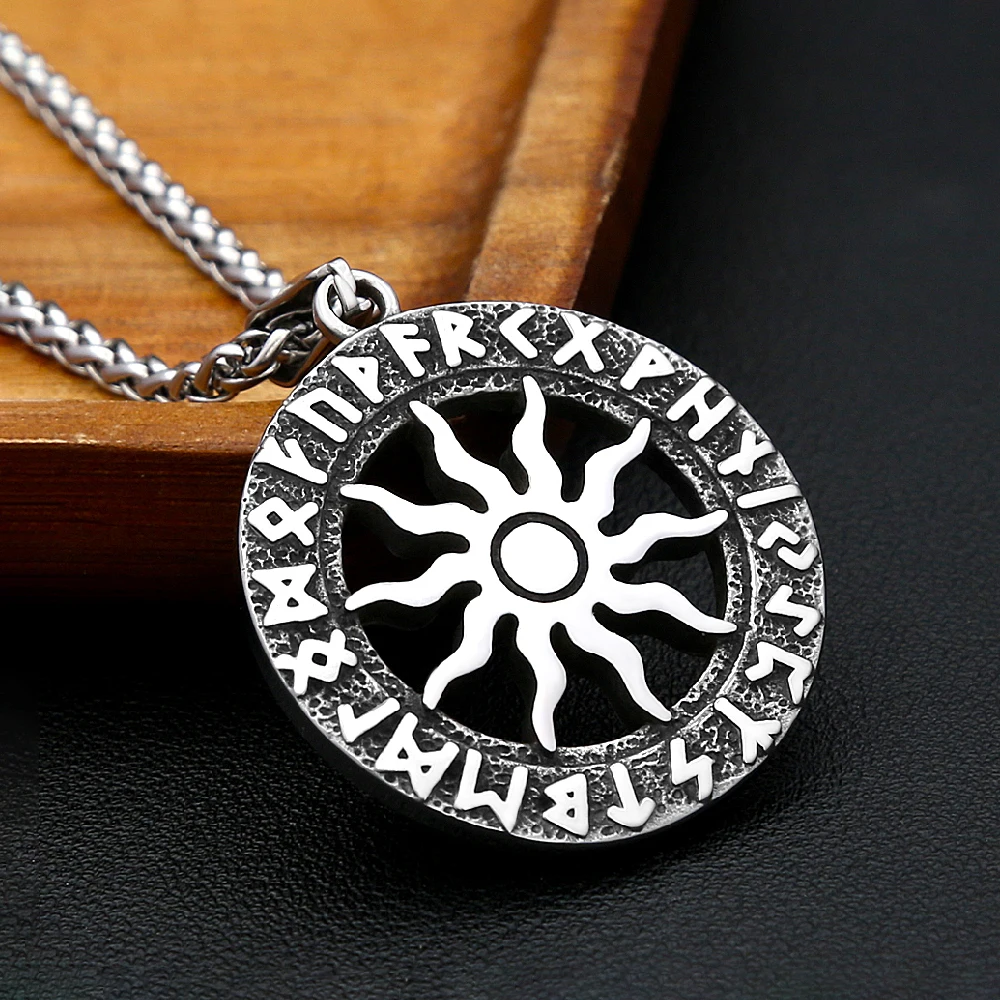 خمر الشمس الله أبولو قلادة قلادة الأزياء جولة الشمال الفولاذ المقاوم للصدأ فايكنغ رون قلادة الرجال تميمة المجوهرات هدية