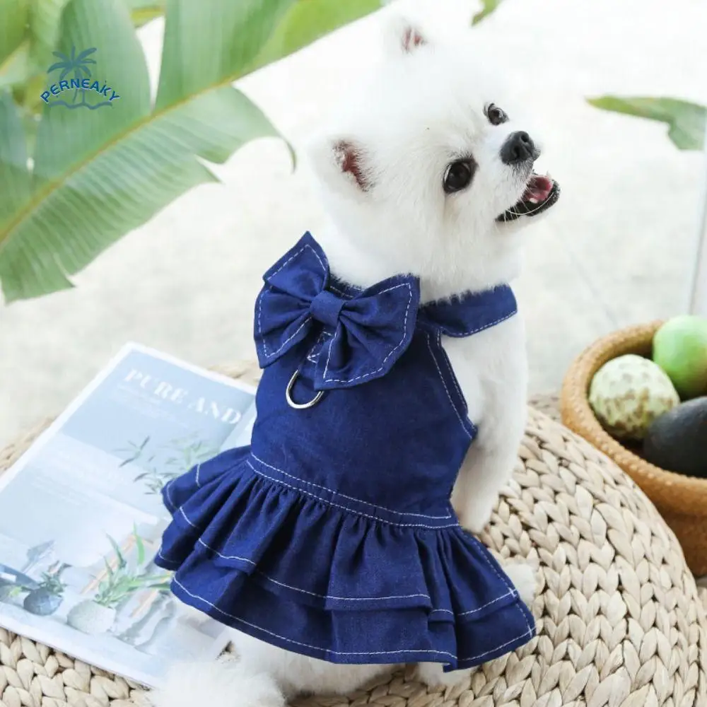 

Portable Washable Pet Denim Skirt Reusable Cute Dog Dress With D-Ring Cat Jeans Skirt Summer