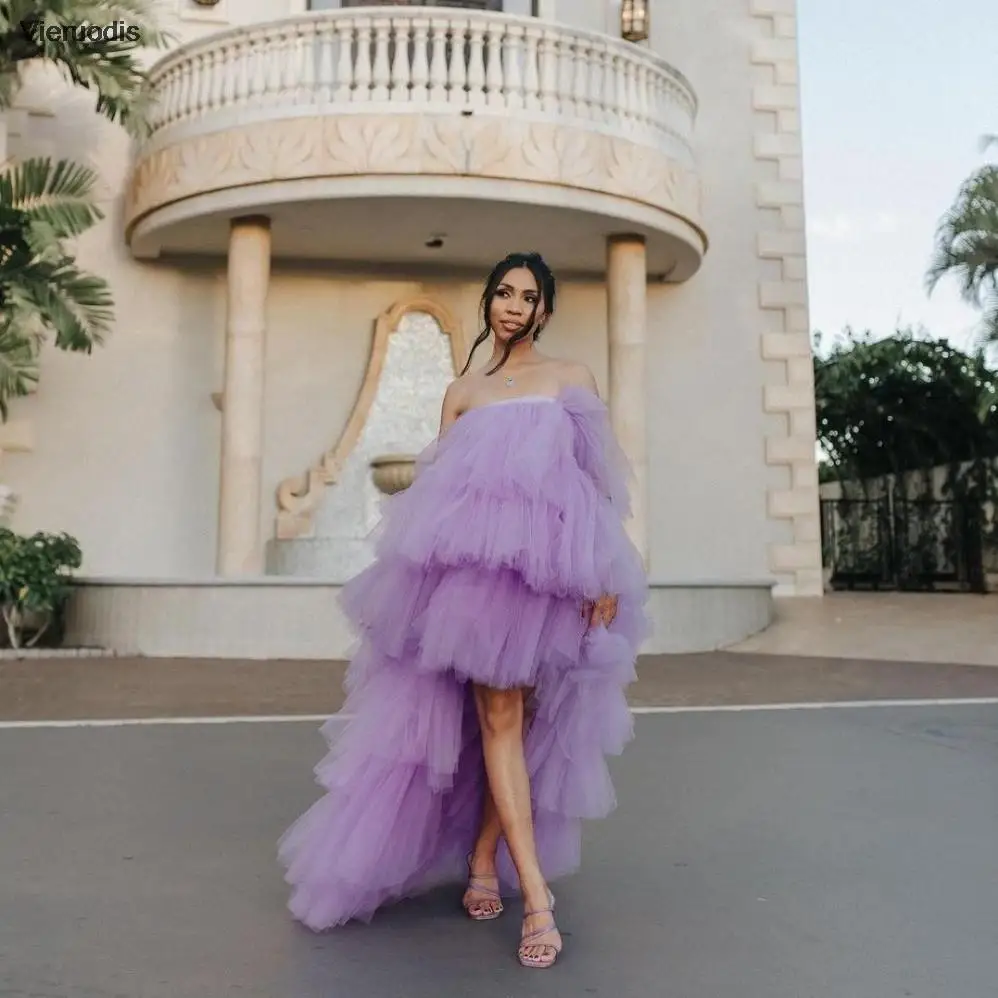 

Lavender Evening Dresses 2022 Front Short Long Back Off Shoulder Tiered Tulle Sleeveless Party Prom Gowns Floor Length Backless