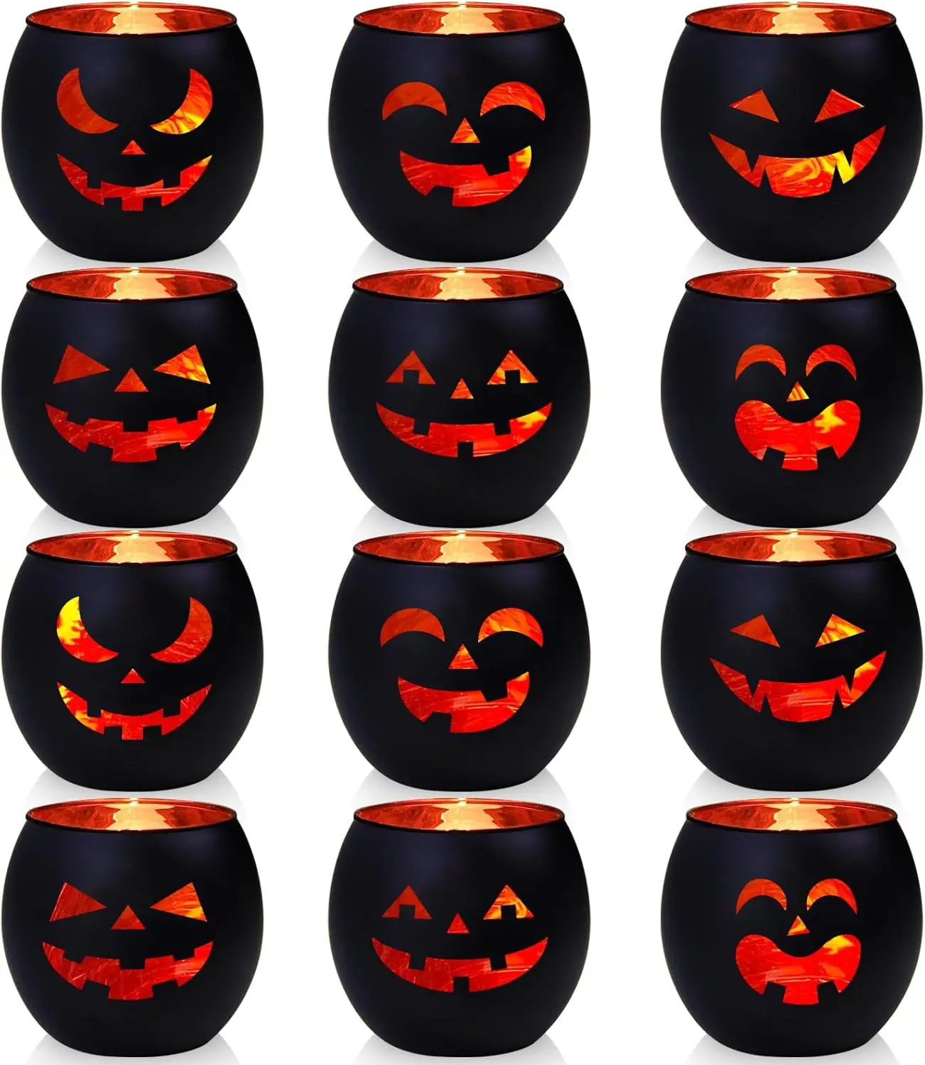 

Halloween Table Centerpiece Set of 12, Black and Gold Glass Votive Holders with Grimace Tealights for Party Decor