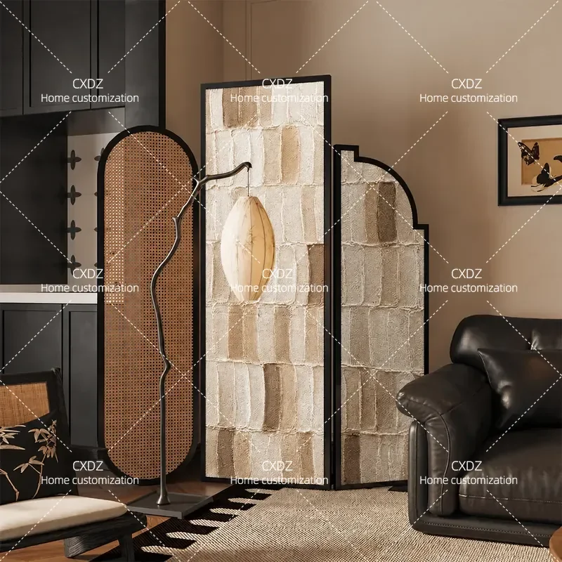 Medieval Abstract Solid Wood Rattan Folding Screen Partition for Living Room Entrance Bedroom Hotel Restaurant Decor