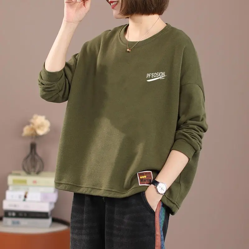 Autunno Nuovo Top T-shirt da donna Versatile girocollo Camicia a maniche lunghe Allentato Letterario Casual Stampato Felpa elegante