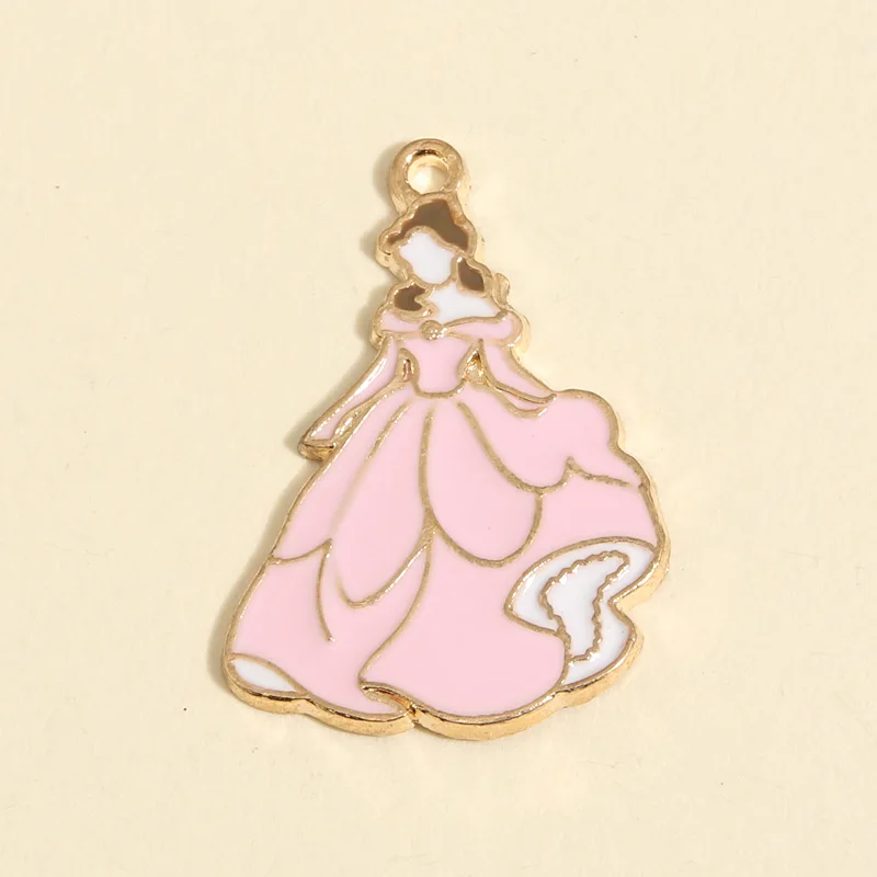 10pcs Gold Color 28x20mm Cartoon Enamel Princess Charms Formal Dress Pendant Fit DIY Necklaces Jewelry Handcrafted Accessories