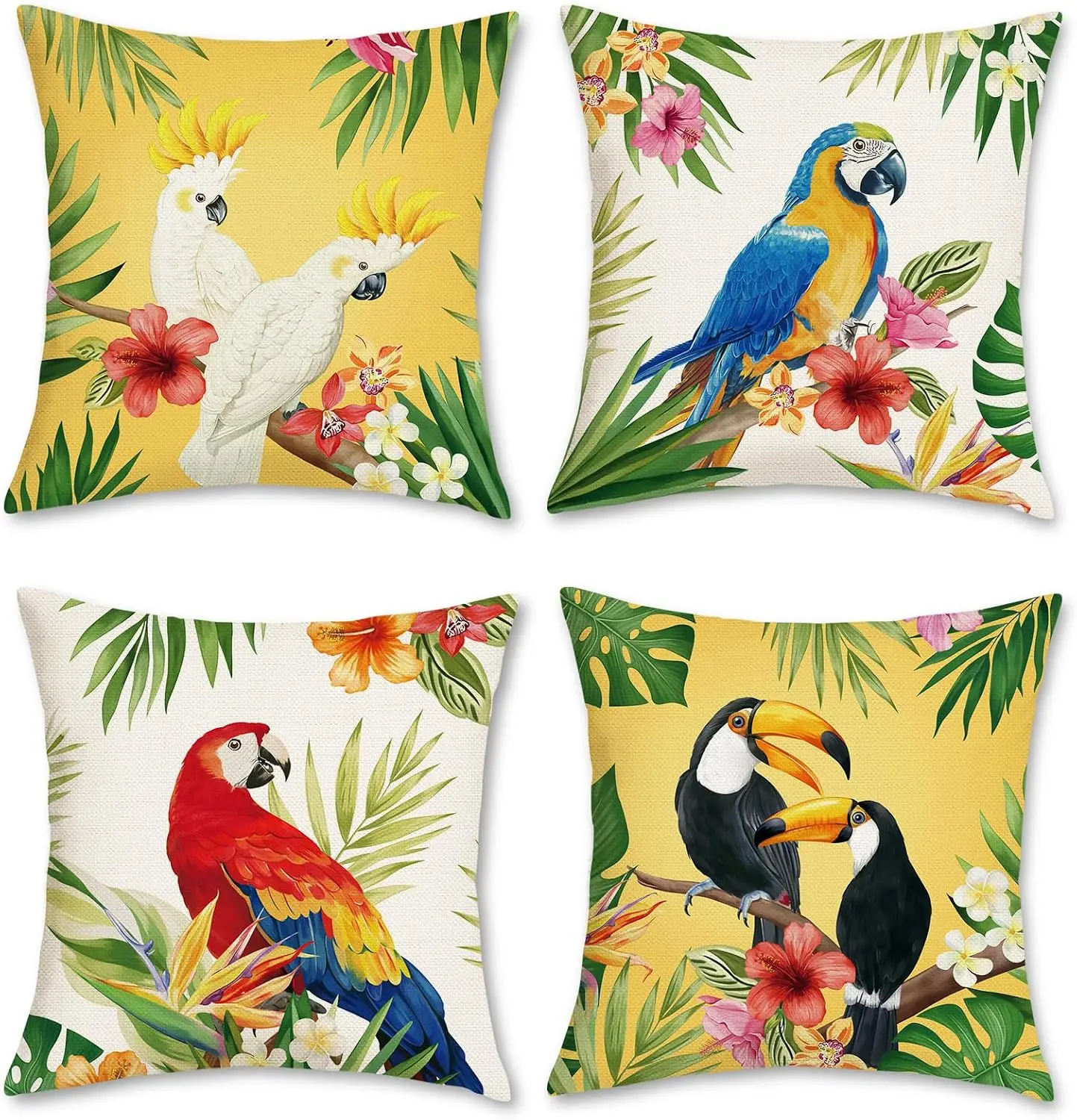 Vibrant Tropical Parrot Toucan Print Cushion Cover Set of 4 Jungle Foliage Print Pillow Pillowcase Home Decor Accent Throw