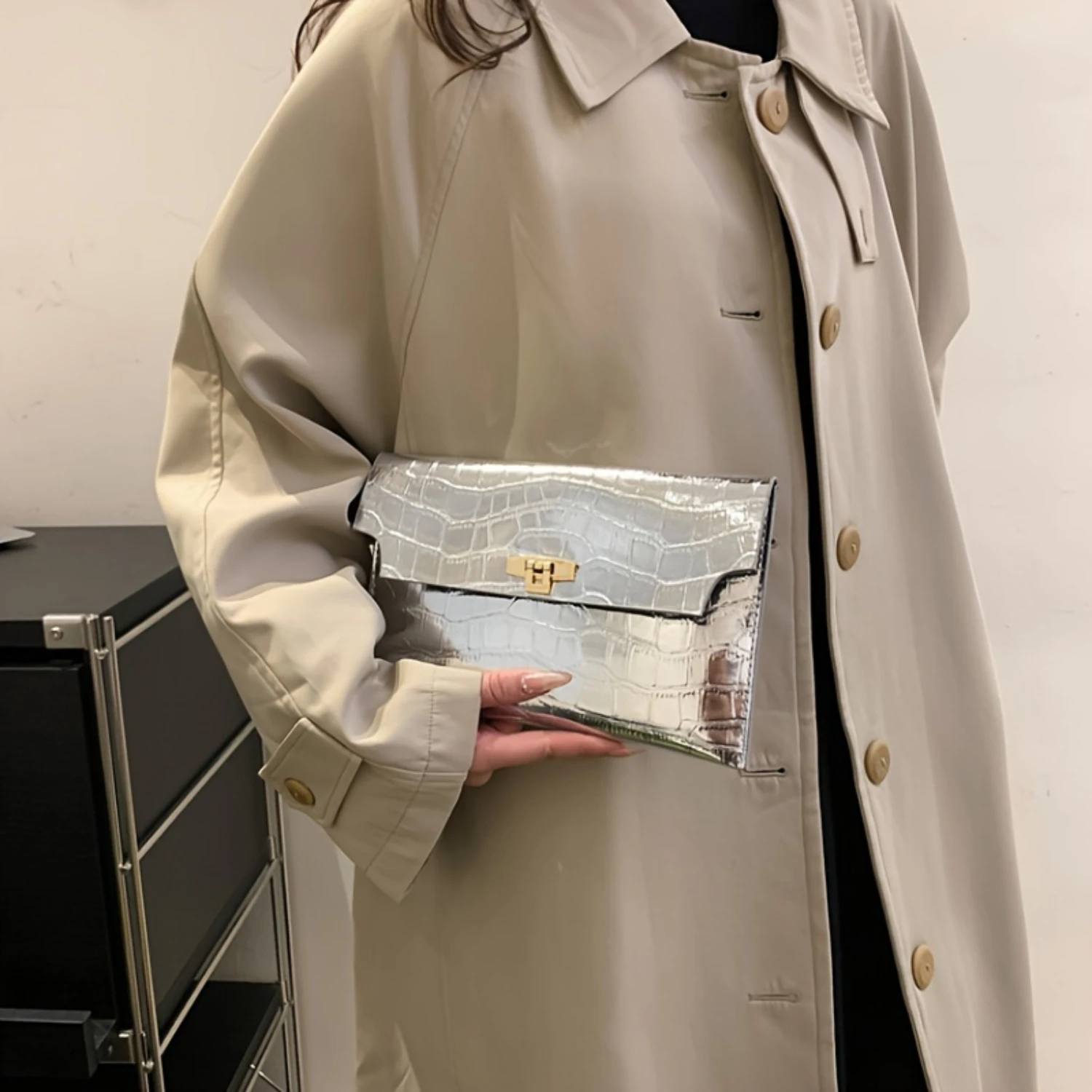 Color Crocodile Pattern Square Clutch Wallet, Minimalist Classic Clutch Purse For Women