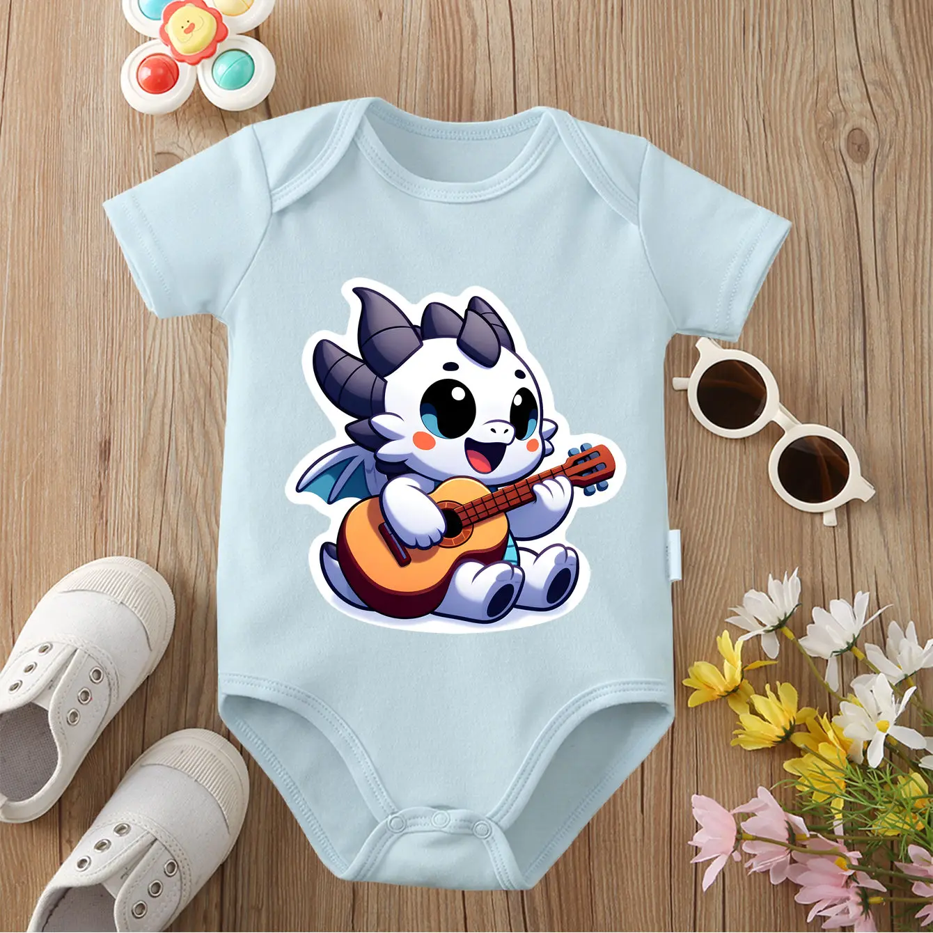 

Боди из 100% хлопка с изображением дракона, который любит играть на гитаре, удобная одежда для малышей, комбинезон для новорожденных от 0 до 12 месяцев