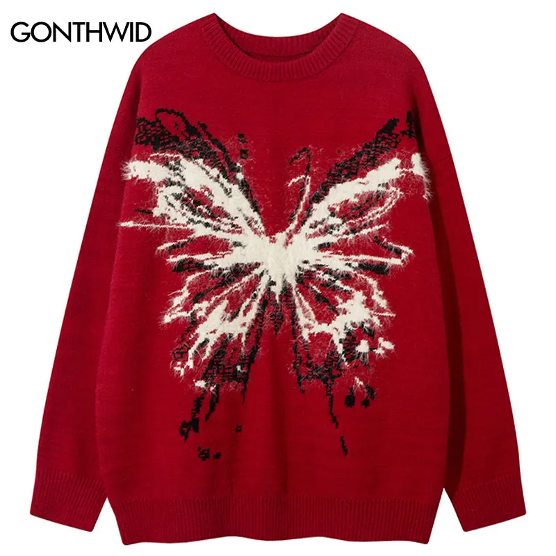 Vintage Sweater Y2K Knitted Butterfly Jumper Streetwear Men Hip Hop Casual Baggy Long Sleeve Pullover Harajuku Loose Sweaters