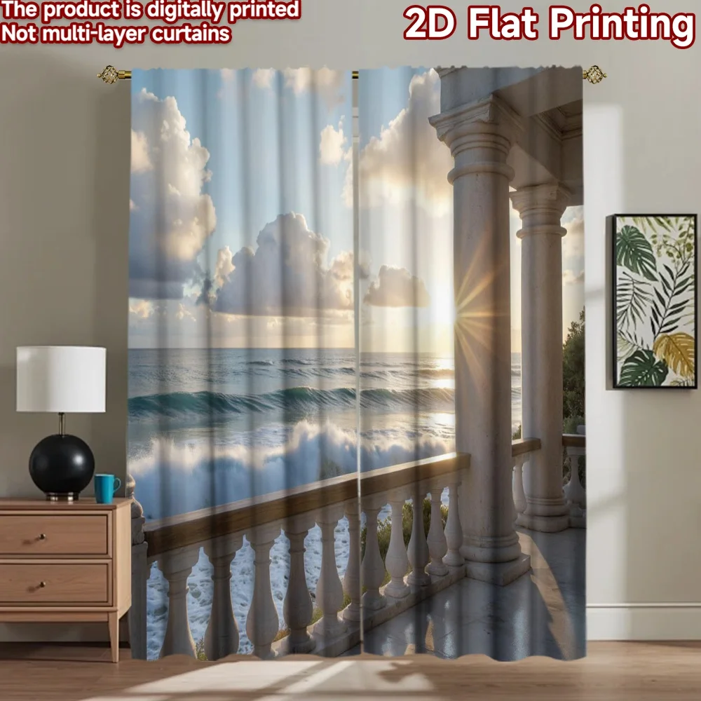 2D flat 2pcs Curtain French Romantic Style Sunrise Ocean Balcony Digitally printed polyester, colorfast Holiday Decorations Use