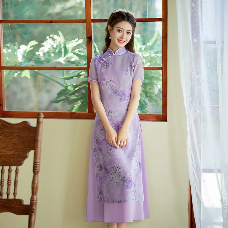 Long Chinese style qipao skirt 2024 spring/summer new retro ethnic style silk linen slim fit dress