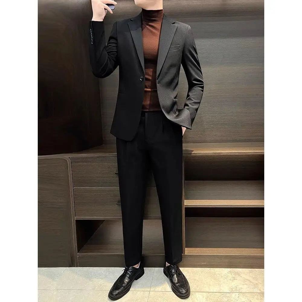 

Casual Sle Men's Suiting Set Spring Autumn New Loose Fit Korean Trendy Lightweight Mature Faion Polyester Fiber Stand ...